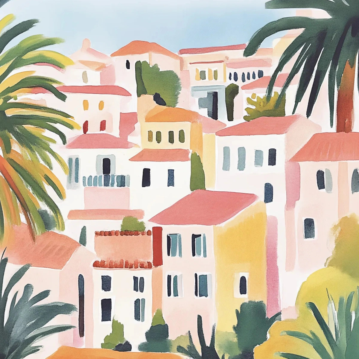 Mediterranean Village Wall Art – Colorful Coastal House Print