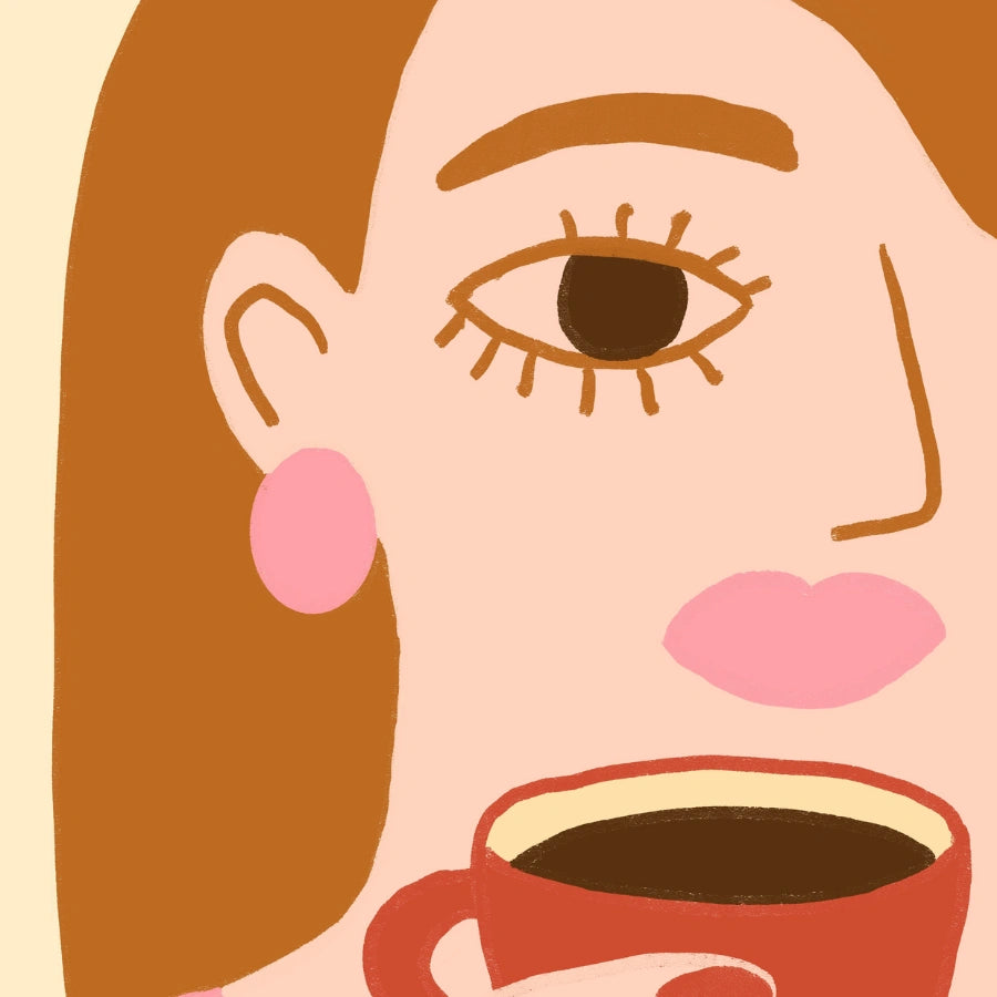 Coffee Moment Boho Wall Art – Illustrazione femminile ispirata al retrò 