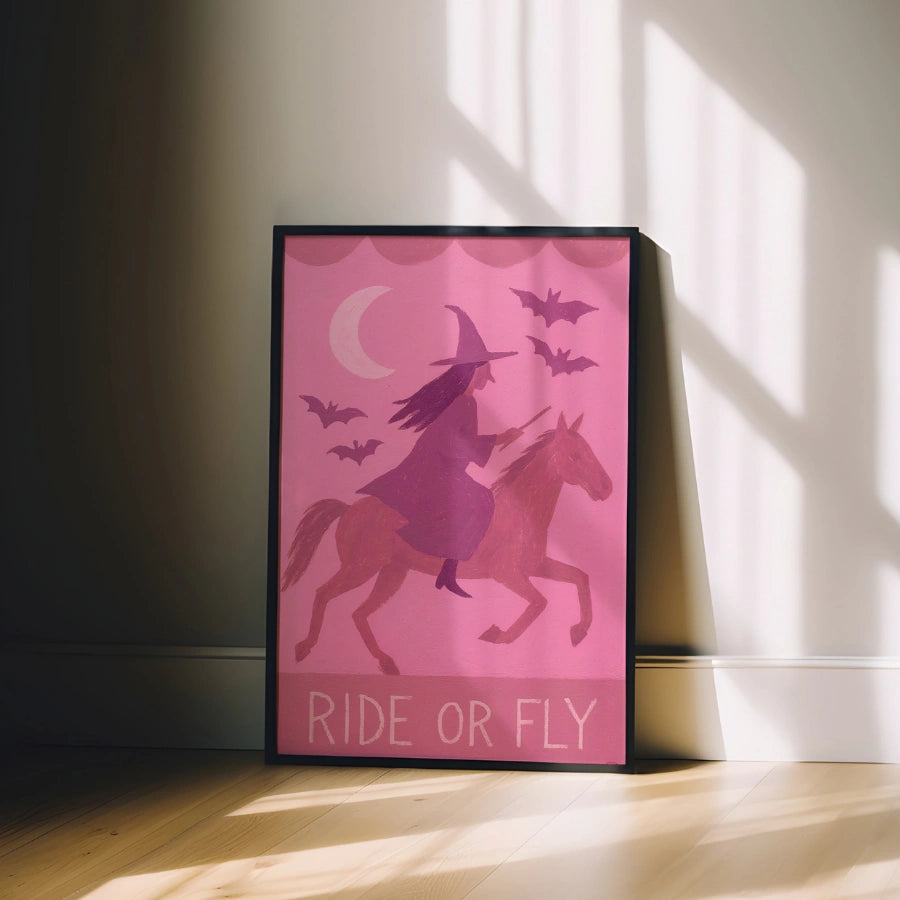 Retro Witch Riding Print – Ride or Fly Pink Halloween Wall Art