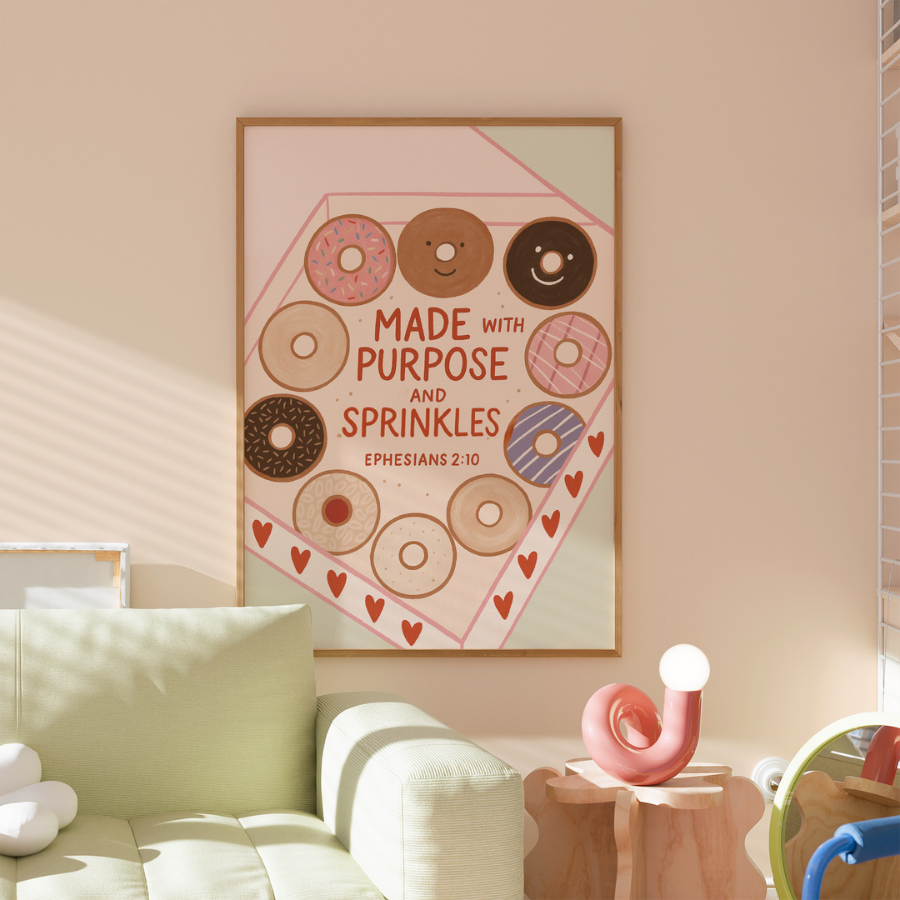 Made with Purpose Christian Wall Art – Cute Donut Bible Verse Print
