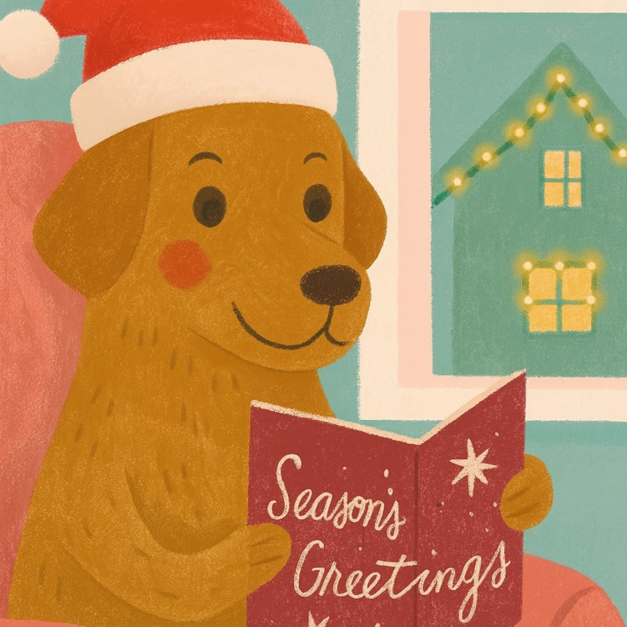 Dog Reading Season’s Greetings – Whimsical Christmas Dog Art