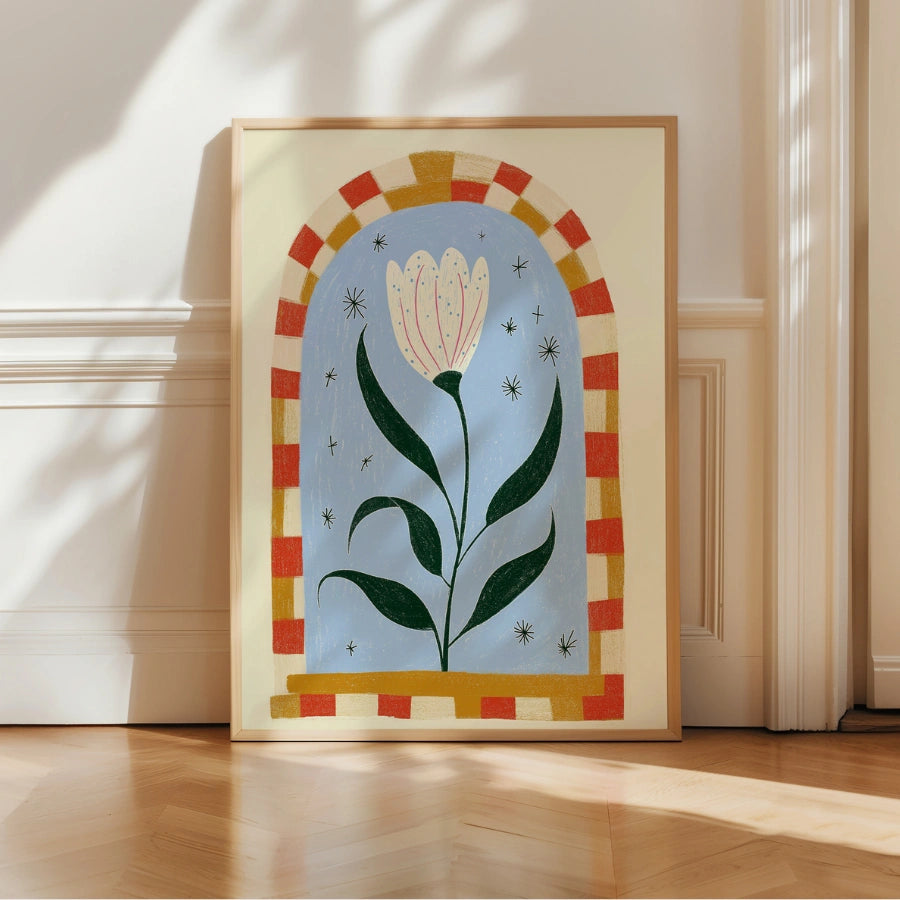 Arte murale con tulipano stellato – Stampa floreale in stile naif stravagante 
