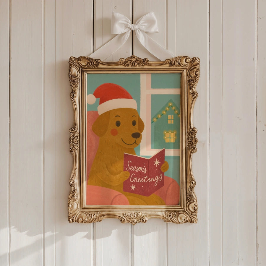 Dog Reading Season’s Greetings – Whimsical Christmas Dog Art