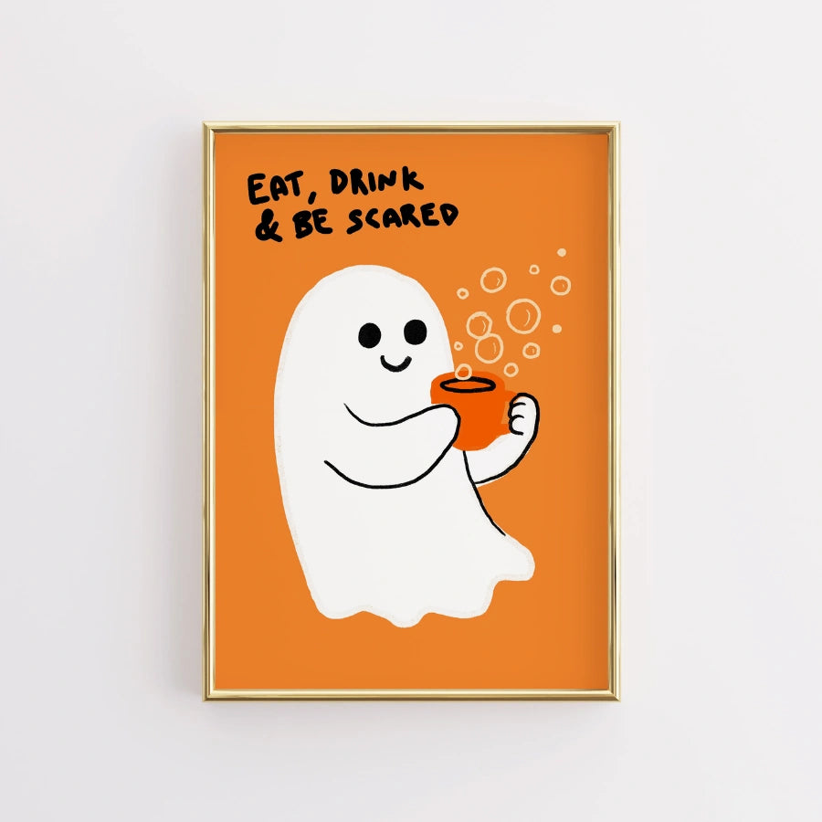 Eat Drink and Be Scared Wall Art – Cute Ghost Halloween Kitchen Print