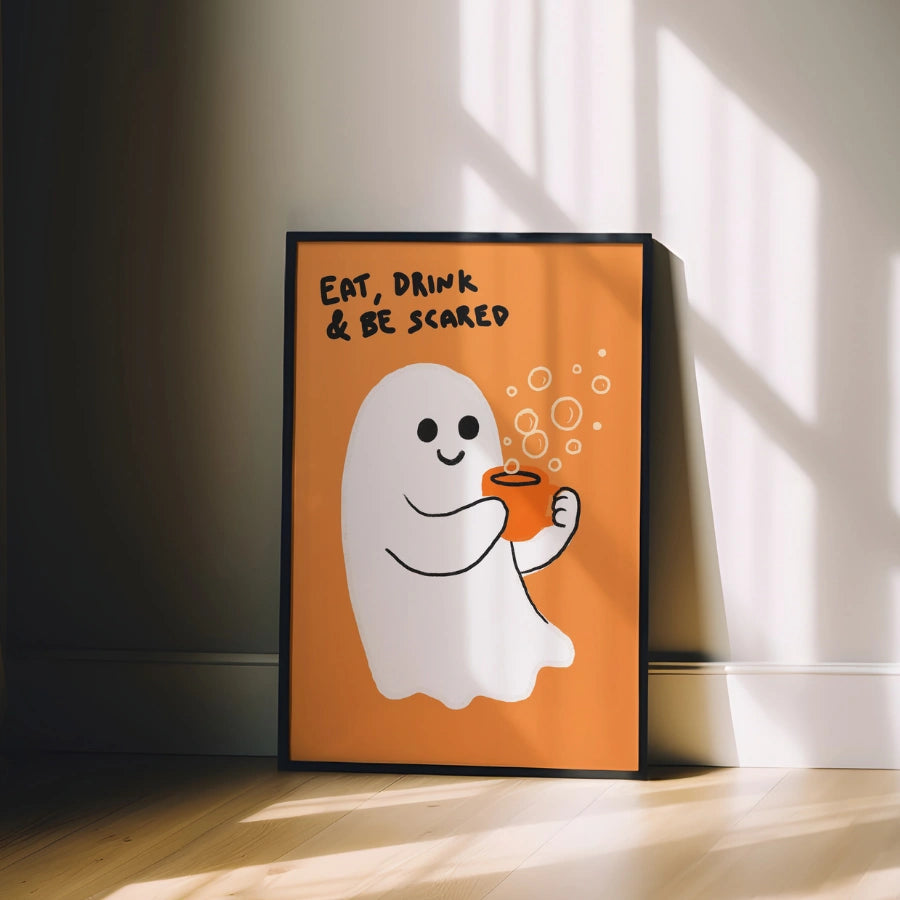 Eat Drink and Be Scared Wall Art – Cute Ghost Halloween Kitchen Print
