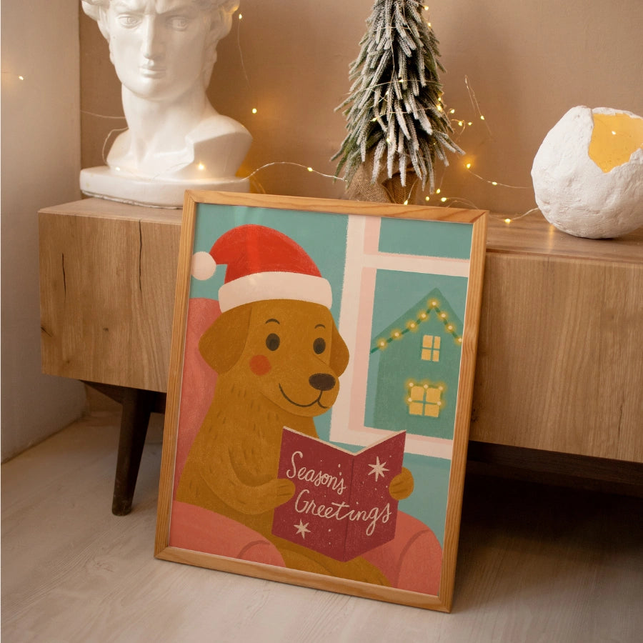Dog Reading Season’s Greetings – Whimsical Christmas Dog Art