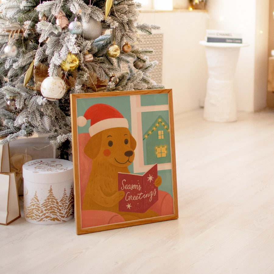 Dog Reading Season’s Greetings – Whimsical Christmas Dog Art