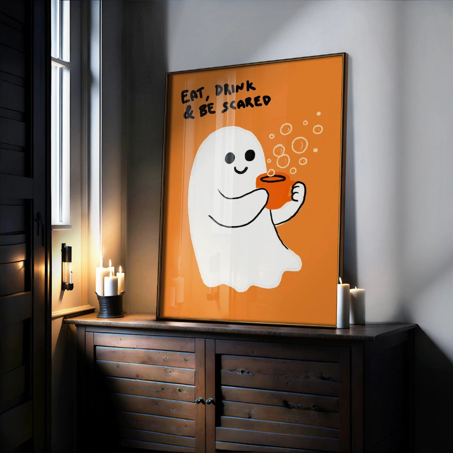 Eat Drink and Be Scared Wall Art – Cute Ghost Halloween Kitchen Print
