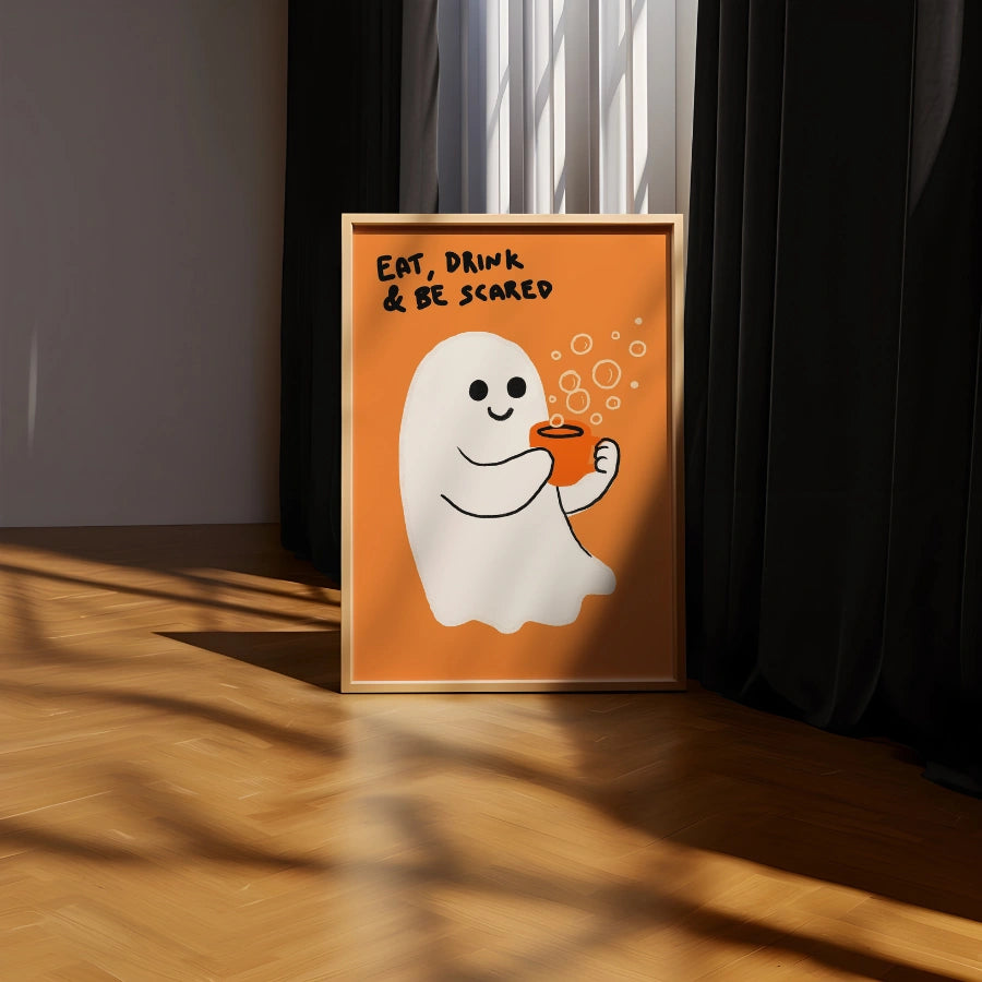 Eat Drink and Be Scared Wall Art – Cute Ghost Halloween Kitchen Print