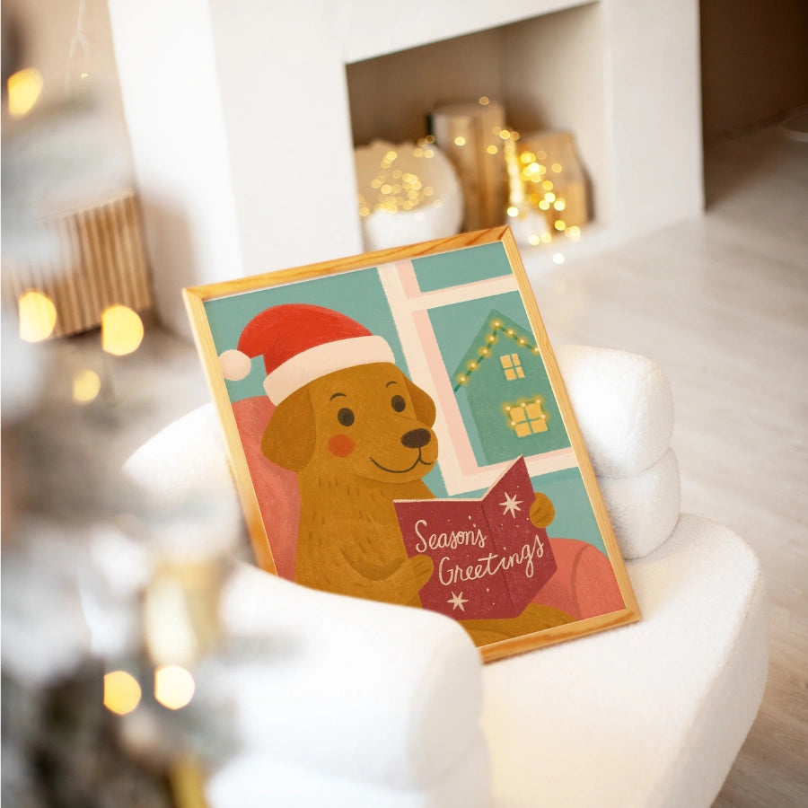 Dog Reading Season’s Greetings – Whimsical Christmas Dog Art