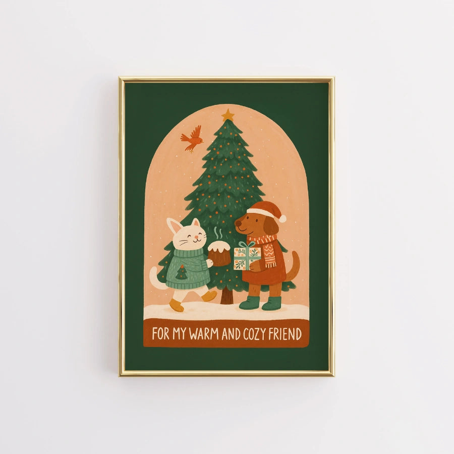 Dog and Cat Cozy Friendship – Cute Animal Christmas Print