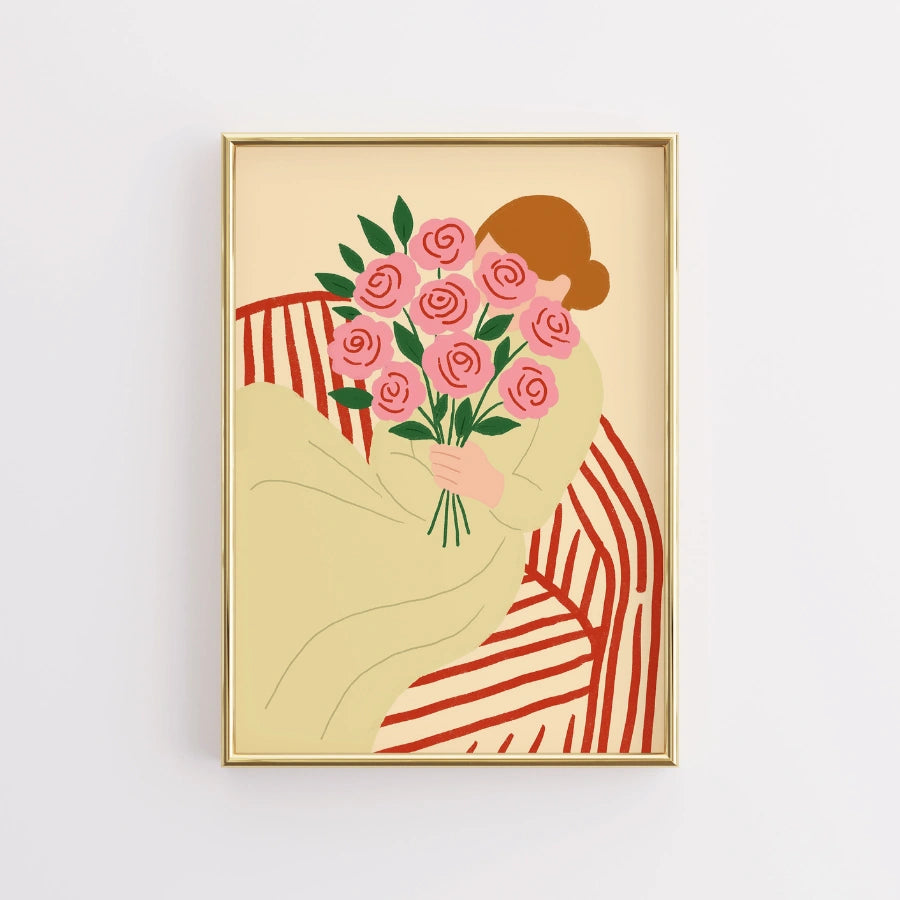 Woman with Roses Wall Art – Romantic Feminine Print