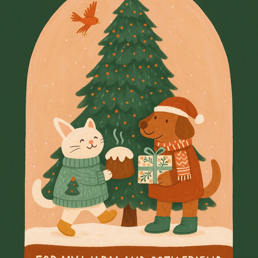 Dog and Cat Cozy Friendship – Cute Animal Christmas Print