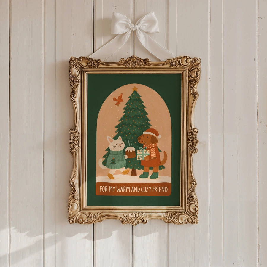 Dog and Cat Cozy Friendship – Cute Animal Christmas Print