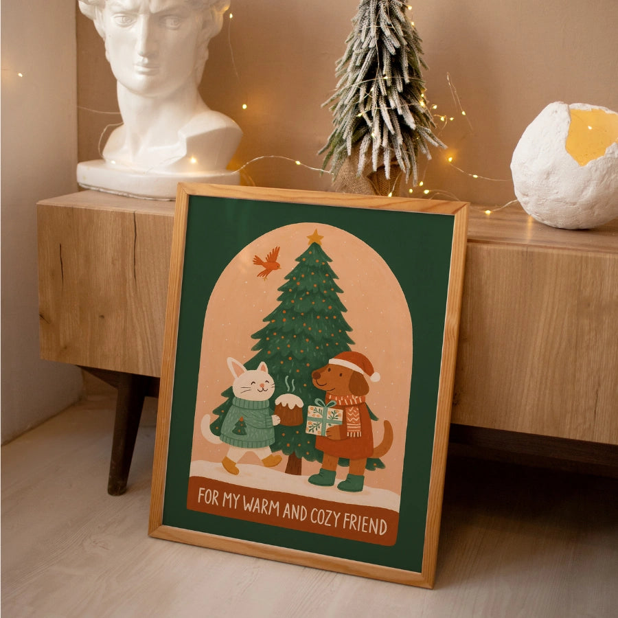 Dog and Cat Cozy Friendship – Cute Animal Christmas Print