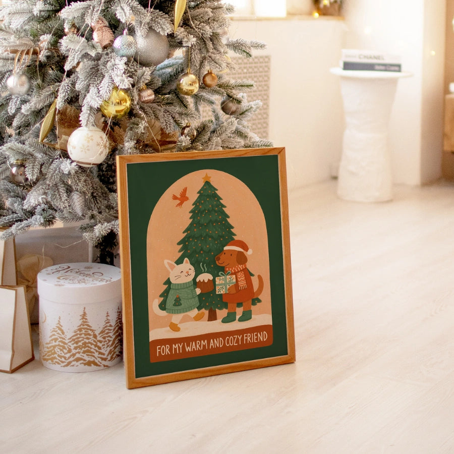 Dog and Cat Cozy Friendship – Cute Animal Christmas Print