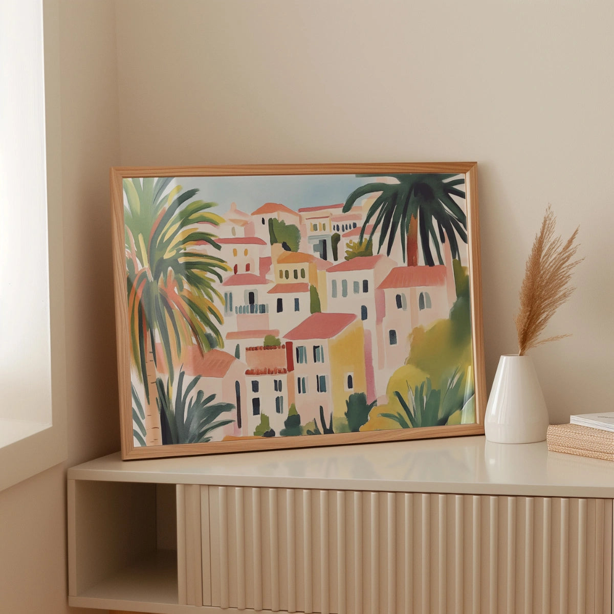 Mediterranean Village Wall Art – Colorful Coastal House Print