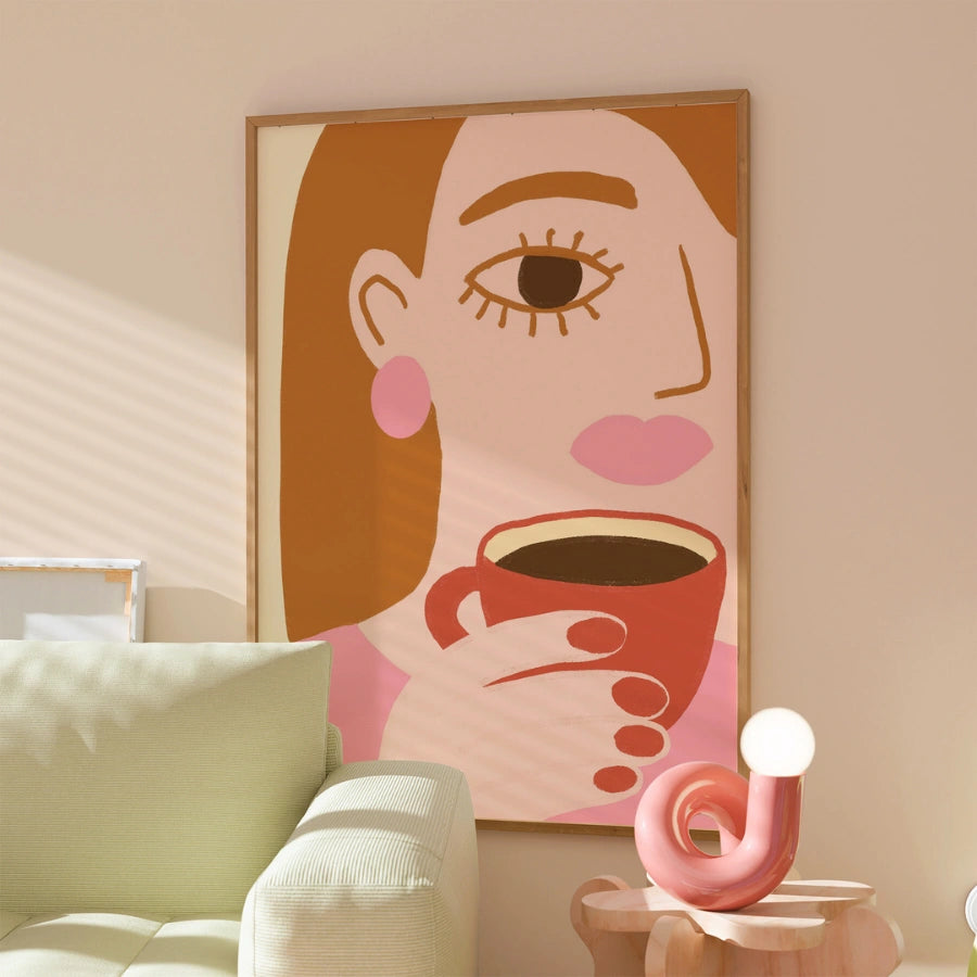 Coffee Moment Boho Wall Art – Illustrazione femminile ispirata al retrò 