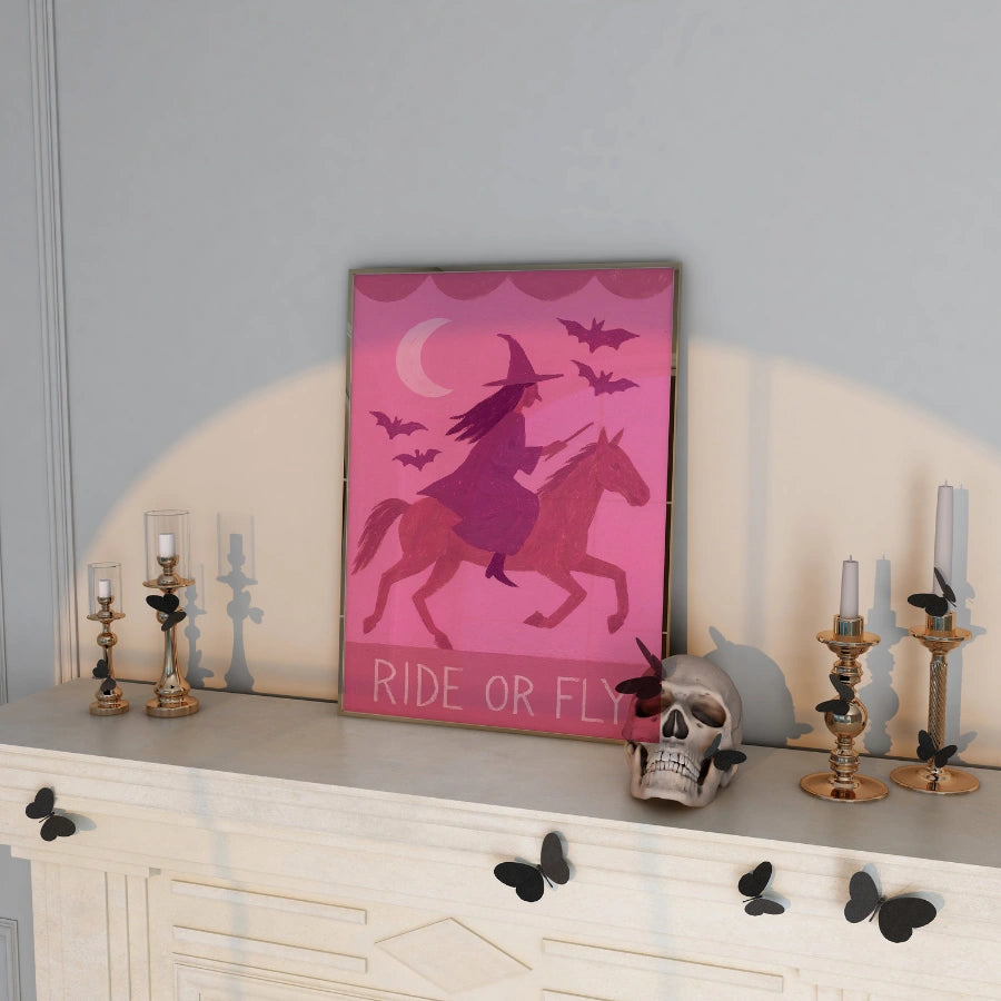 Retro Witch Riding Print – Ride or Fly Pink Halloween Wall Art