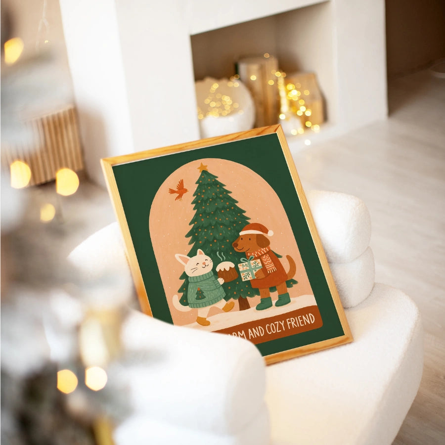 Dog and Cat Cozy Friendship – Cute Animal Christmas Print
