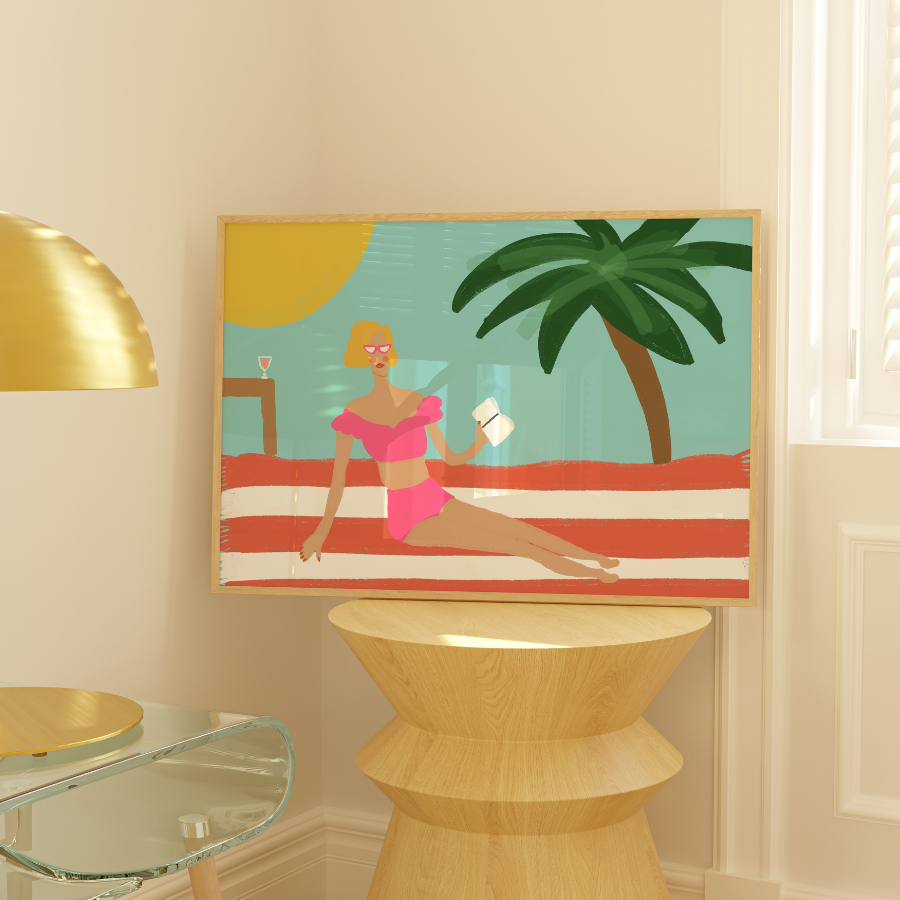 Preppy Beach Girl Print – Retro Summer Wall Art