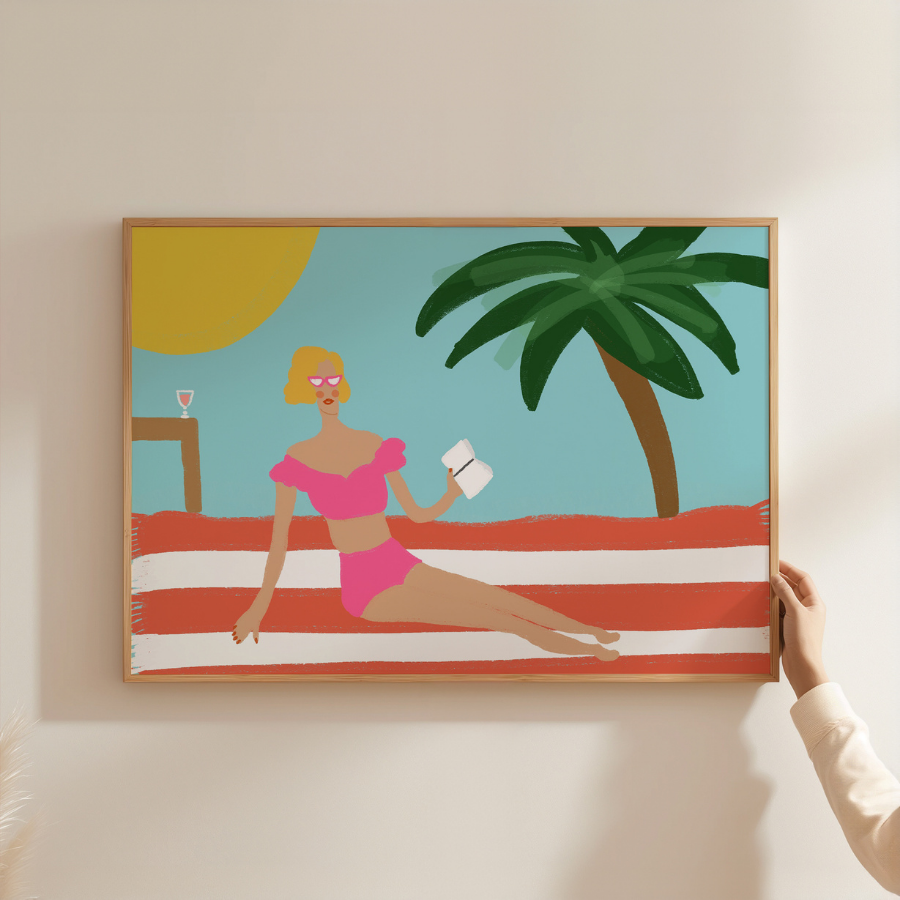 Preppy Beach Girl Print – Retro Summer Wall Art
