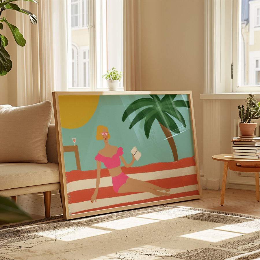 Preppy Beach Girl Print – Retro Summer Wall Art