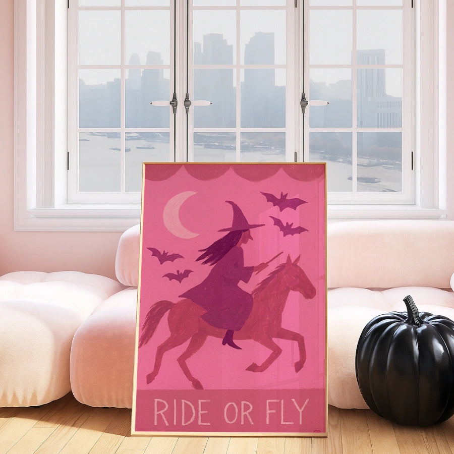 Retro Witch Riding Print – Ride or Fly Pink Halloween Wall Art
