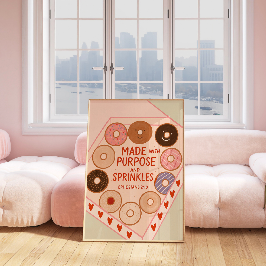 Made with Purpose Christian Wall Art – Cute Donut Bible Verse Print