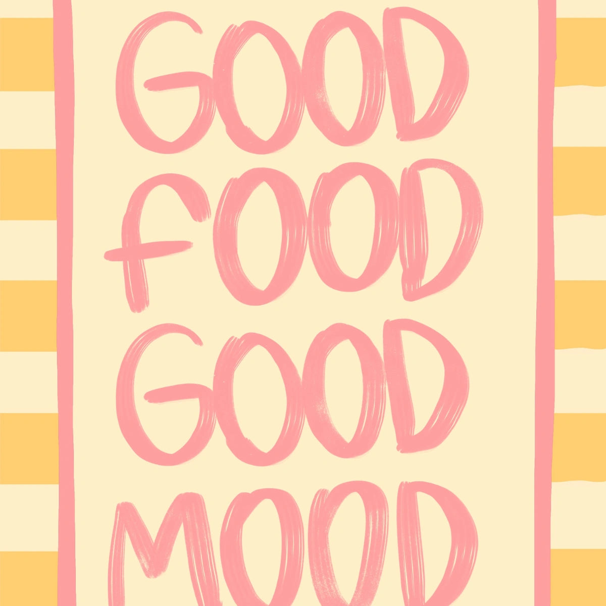 Wandbild „Gutes Essen, gute Laune“ – Ausdrucksstarker Küchendruck