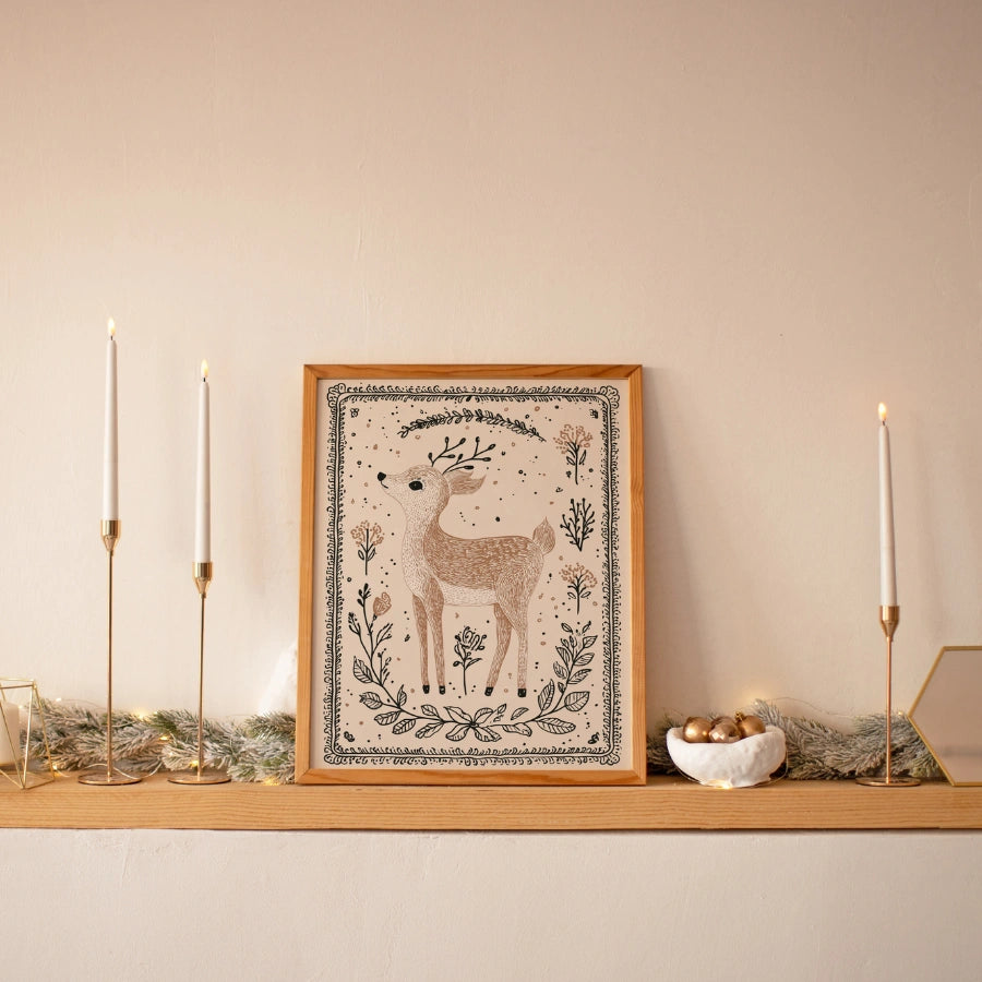 Woodland Reindeer – Rustic Christmas Wall Art Print