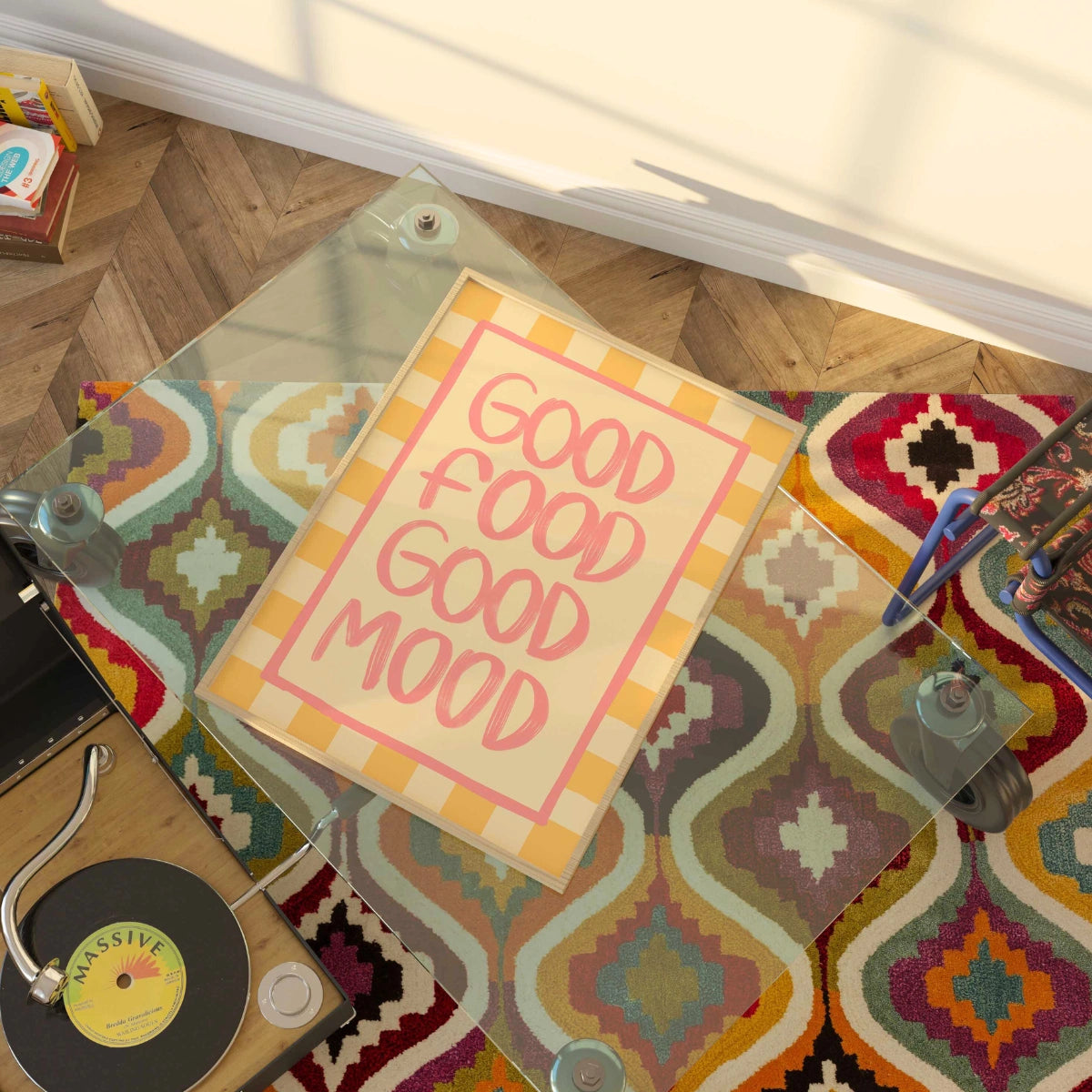 Wandbild „Gutes Essen, gute Laune“ – Ausdrucksstarker Küchendruck