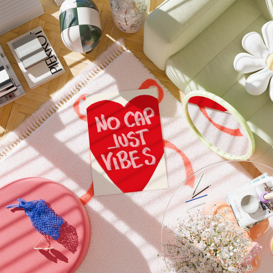 No Cap Just Vibes Wandbild – Maximalistischer Zitatdruck