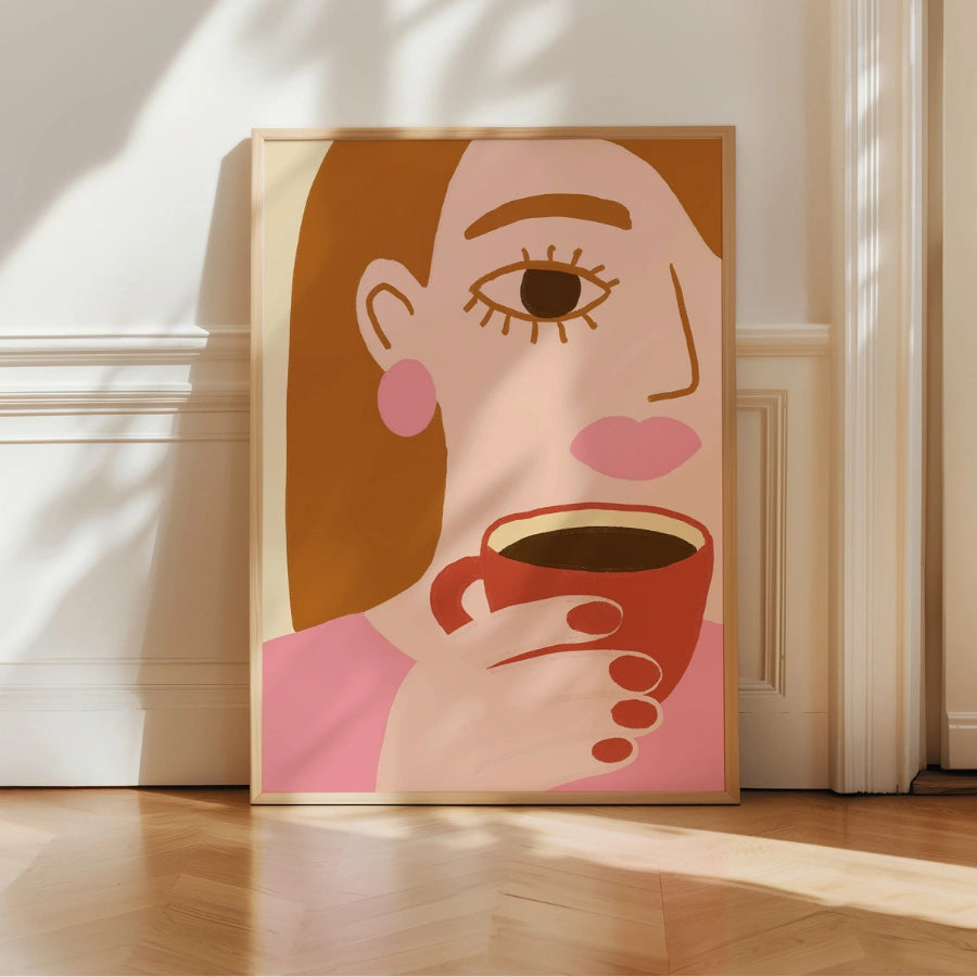 Coffee Moment Boho Wall Art – Illustrazione femminile ispirata al retrò 