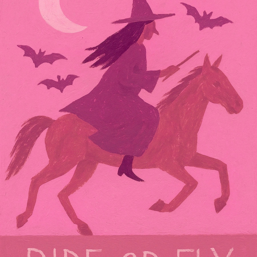 Retro Witch Riding Print – Ride or Fly Pink Halloween Wall Art