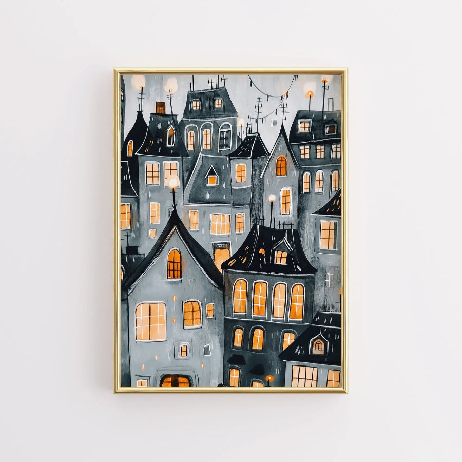 Haunted Halloween Village Print – Cozy Gothic Houses Wall Art