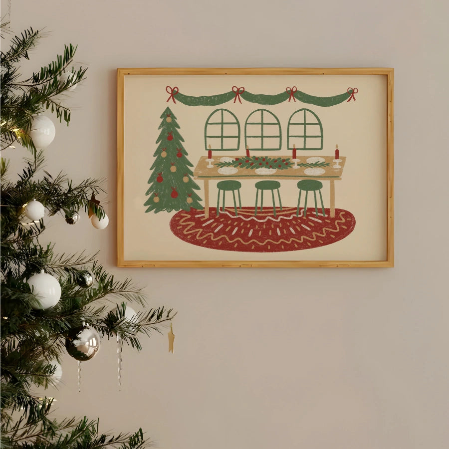 Christmas Dining Room Print – Cozy Holiday Dinner Wall Art