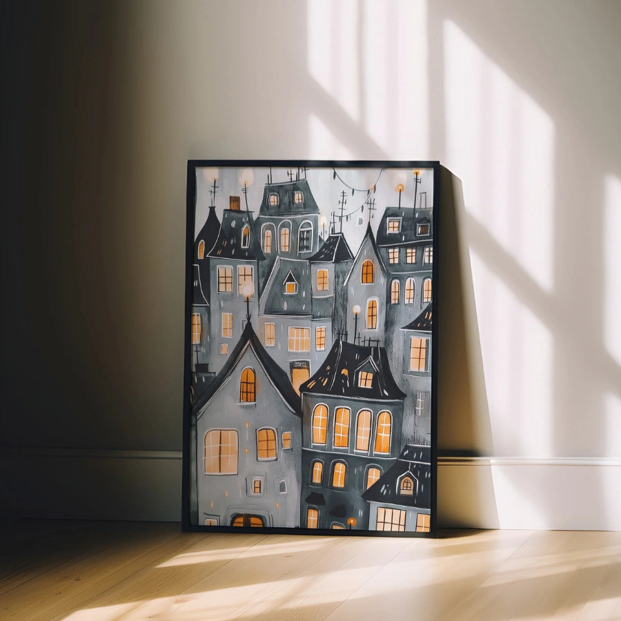 Haunted Halloween Village Print – Cozy Gothic Houses Wall Art