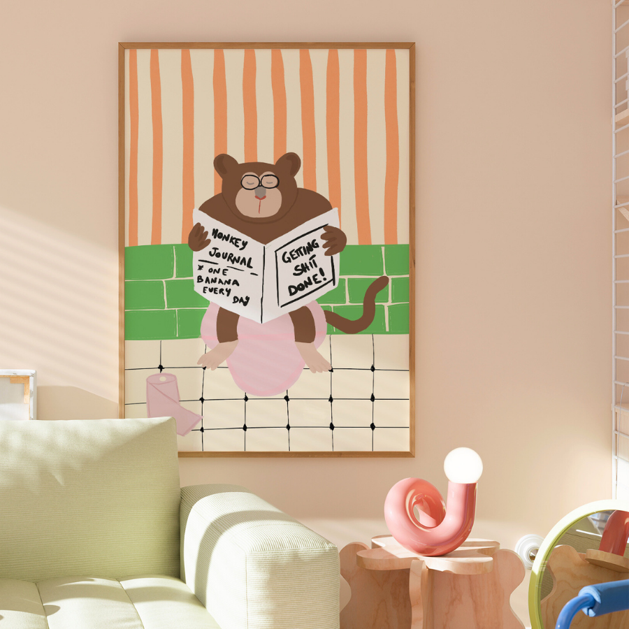 Lustiges Affen-Wandbild fürs Badezimmer – Maximalistisches Toilettenposter