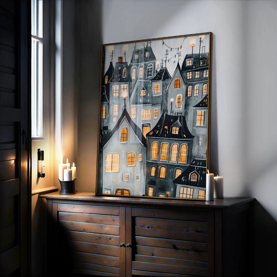 Haunted Halloween Village Print – Cozy Gothic Houses Wall Art