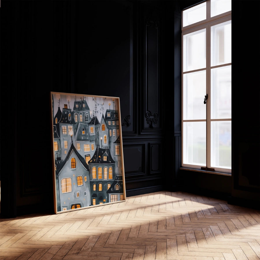 Haunted Halloween Village Print – Cozy Gothic Houses Wall Art
