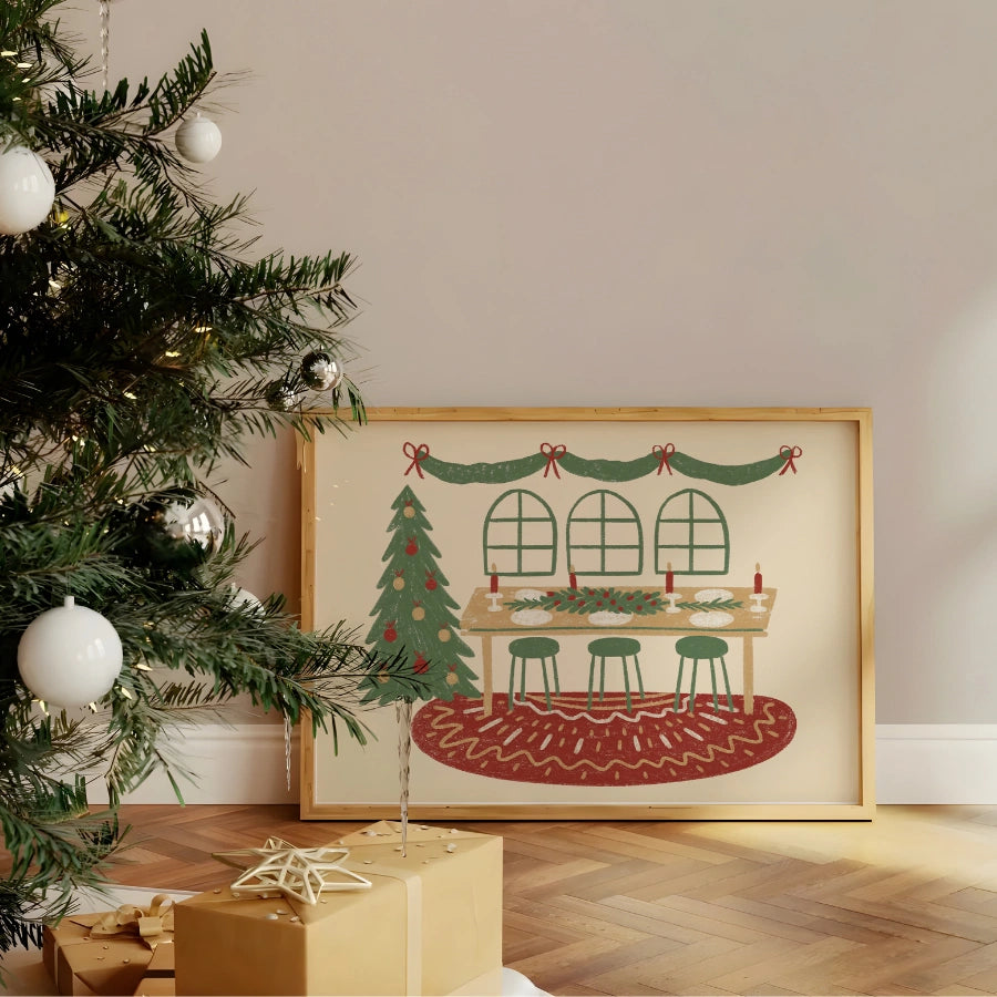 Christmas Dining Room Print – Cozy Holiday Dinner Wall Art