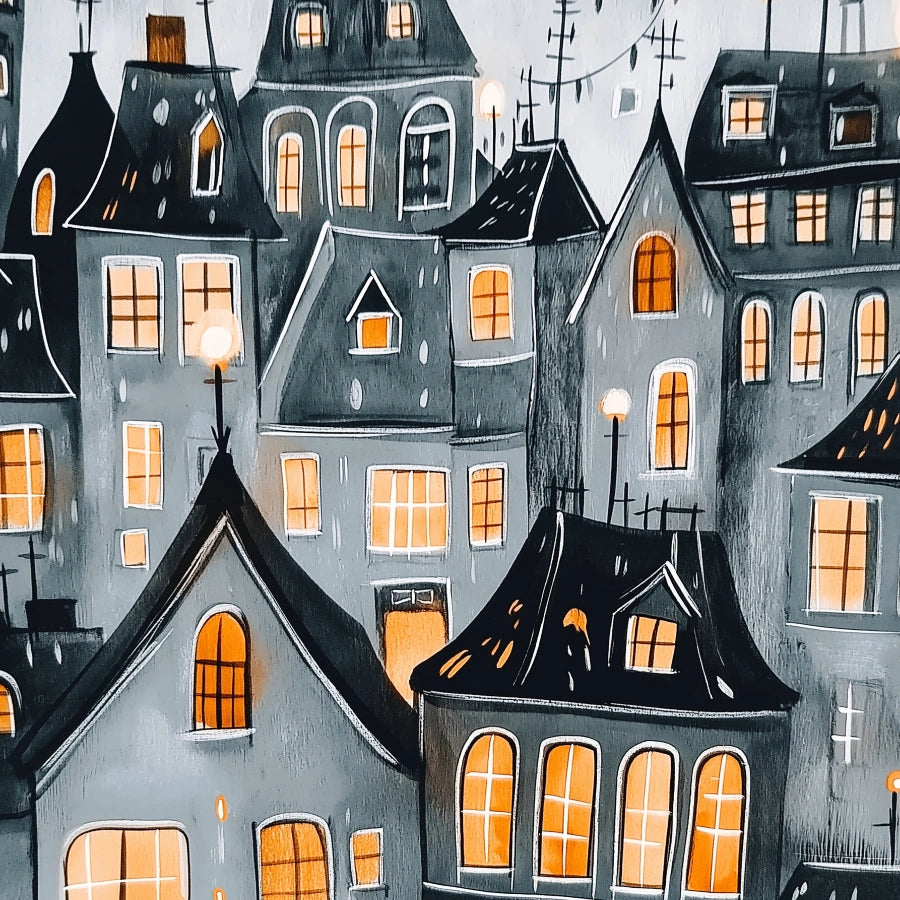 Haunted Halloween Village Print – Cozy Gothic Houses Wall Art