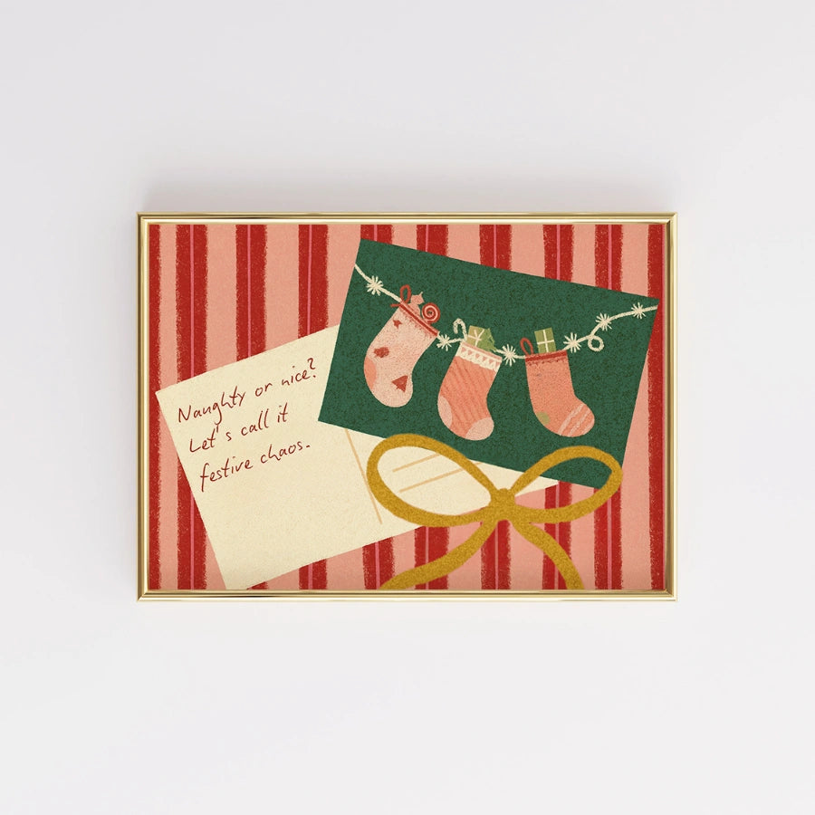 Festive Chaos Christmas Print – Funny Holiday Wall Art with Stockings
