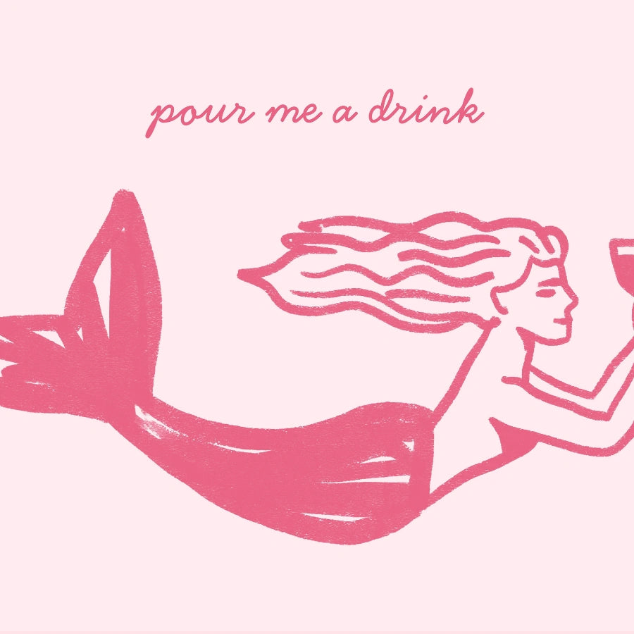 Meerjungfrauen-Kunstdruck „Gieß mir einen Drink“ – Rosa Küsten-Wandkunst