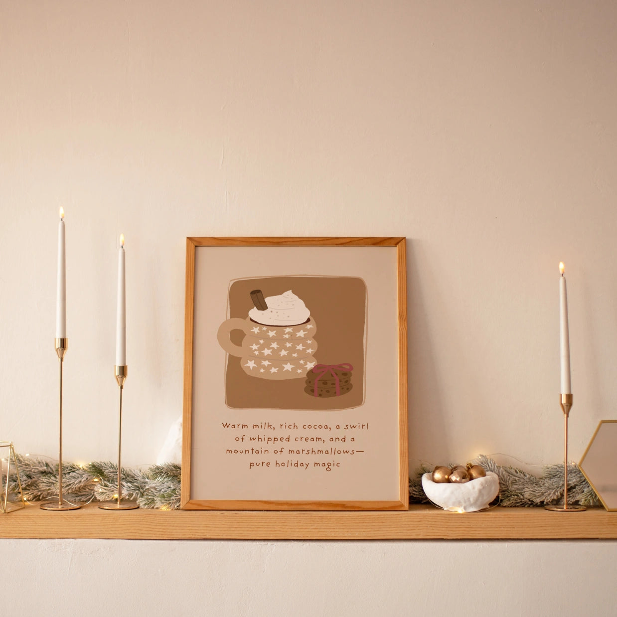 Weihnachtswandbild mit heißem Kakao