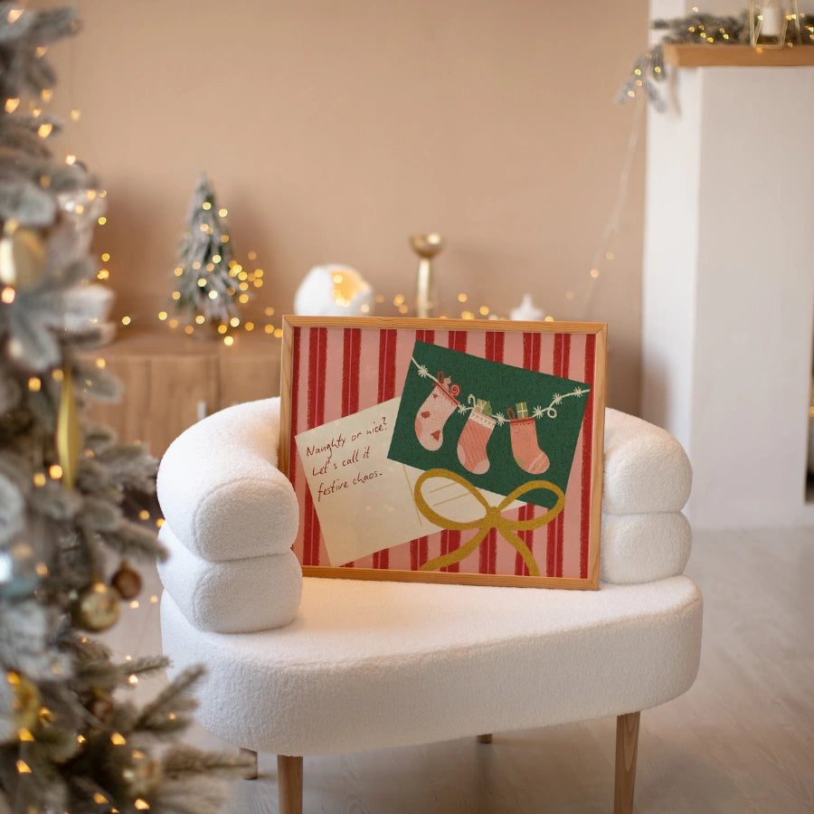 Festive Chaos Christmas Print – Funny Holiday Wall Art with Stockings