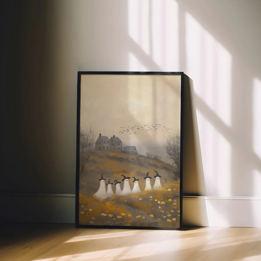 Halloween-Druck „Geisterparade“ – Gruselige Hexengeister im Herbstfeld