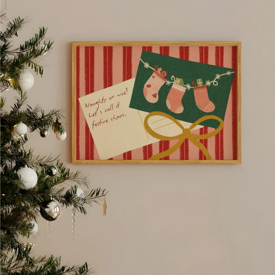 Festive Chaos Christmas Print – Funny Holiday Wall Art with Stockings