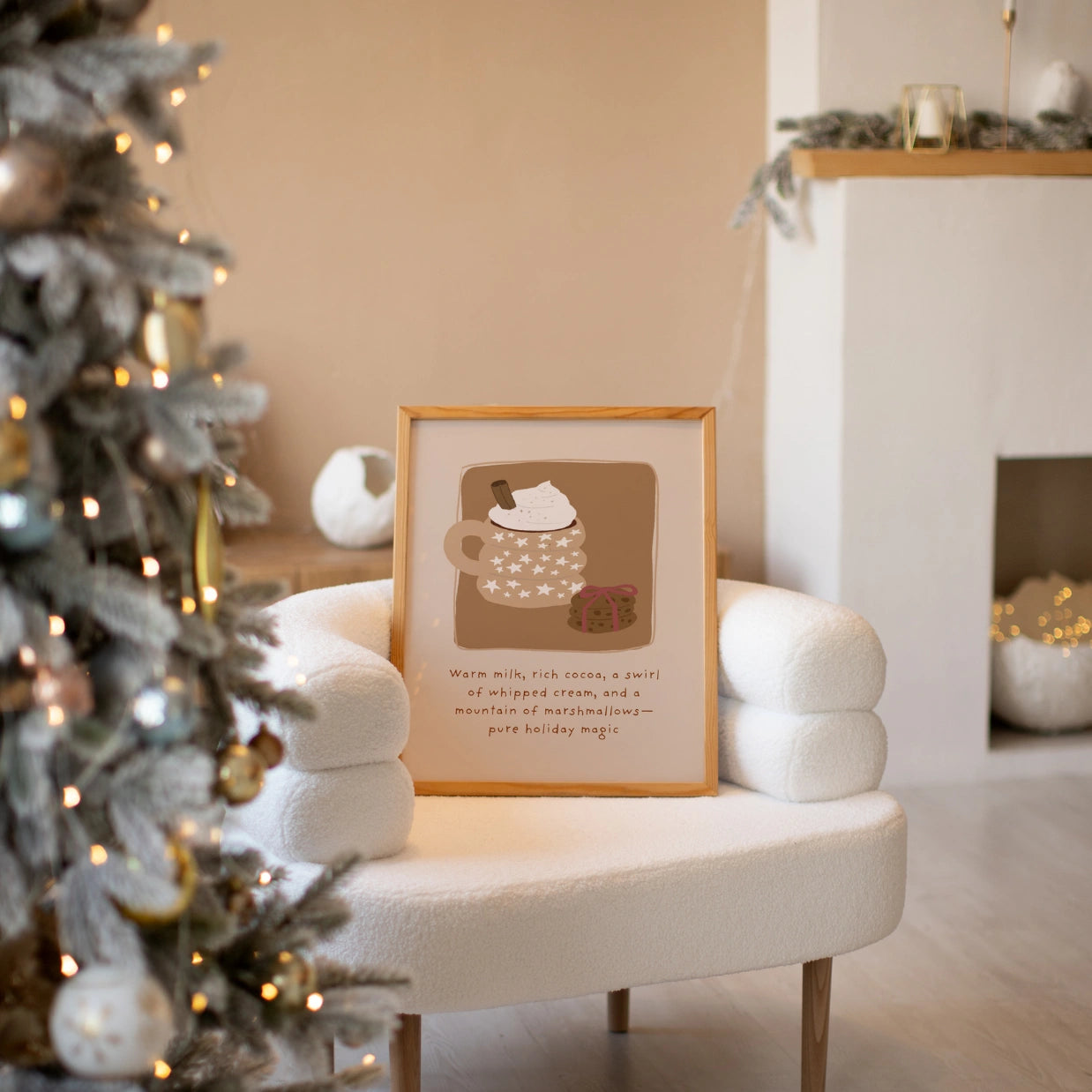 Weihnachtswandbild mit heißem Kakao